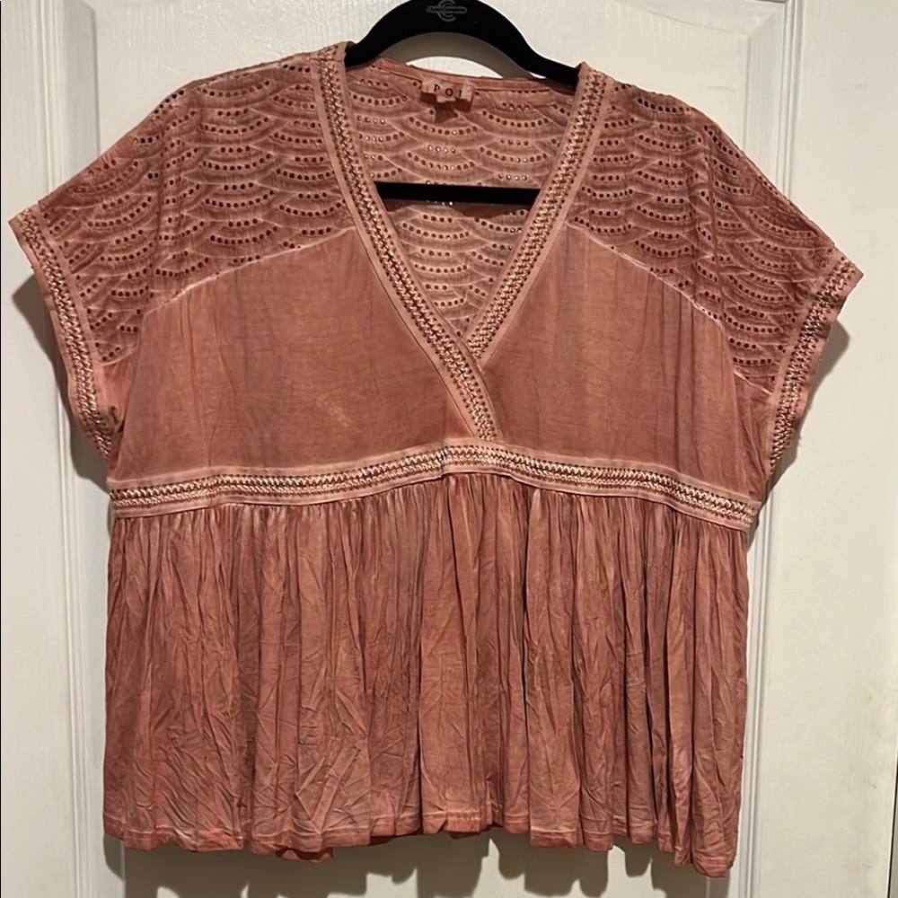 POL Pink Eyelet & Crochet V-Neck Peasant Blouse